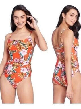 Kona Sol | One Piece Swimsuit Strappy Back Shirred Floral Tropical Orange Small